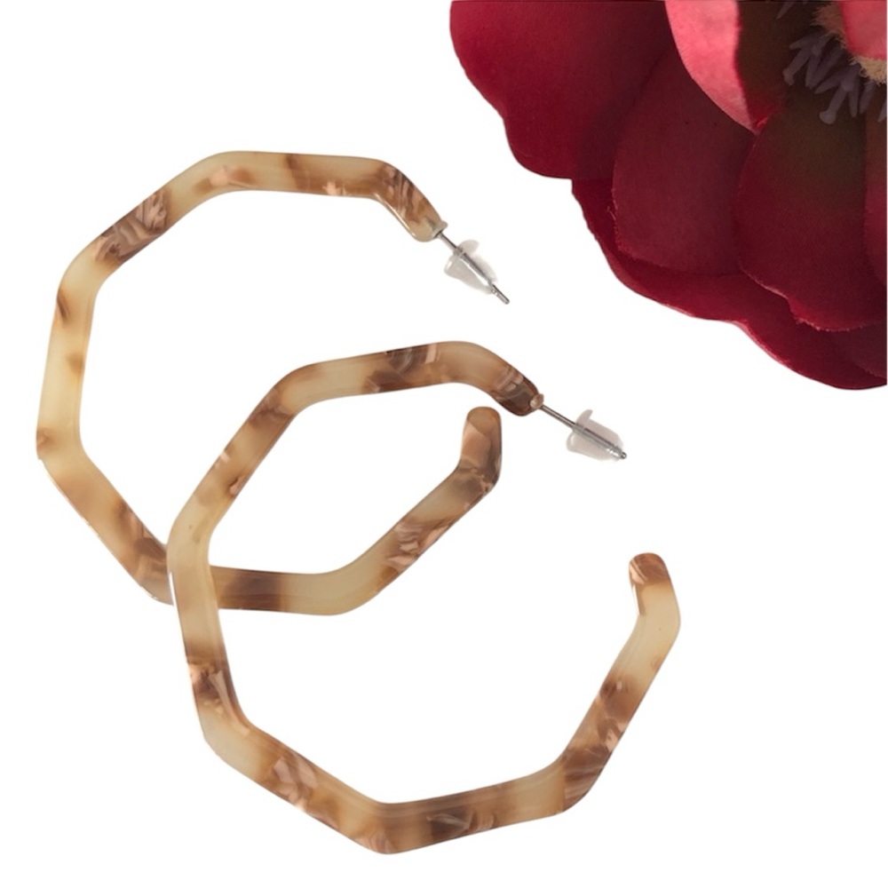 Acrylic Octagon Hoop Earrings Marbled Tan & Brown New